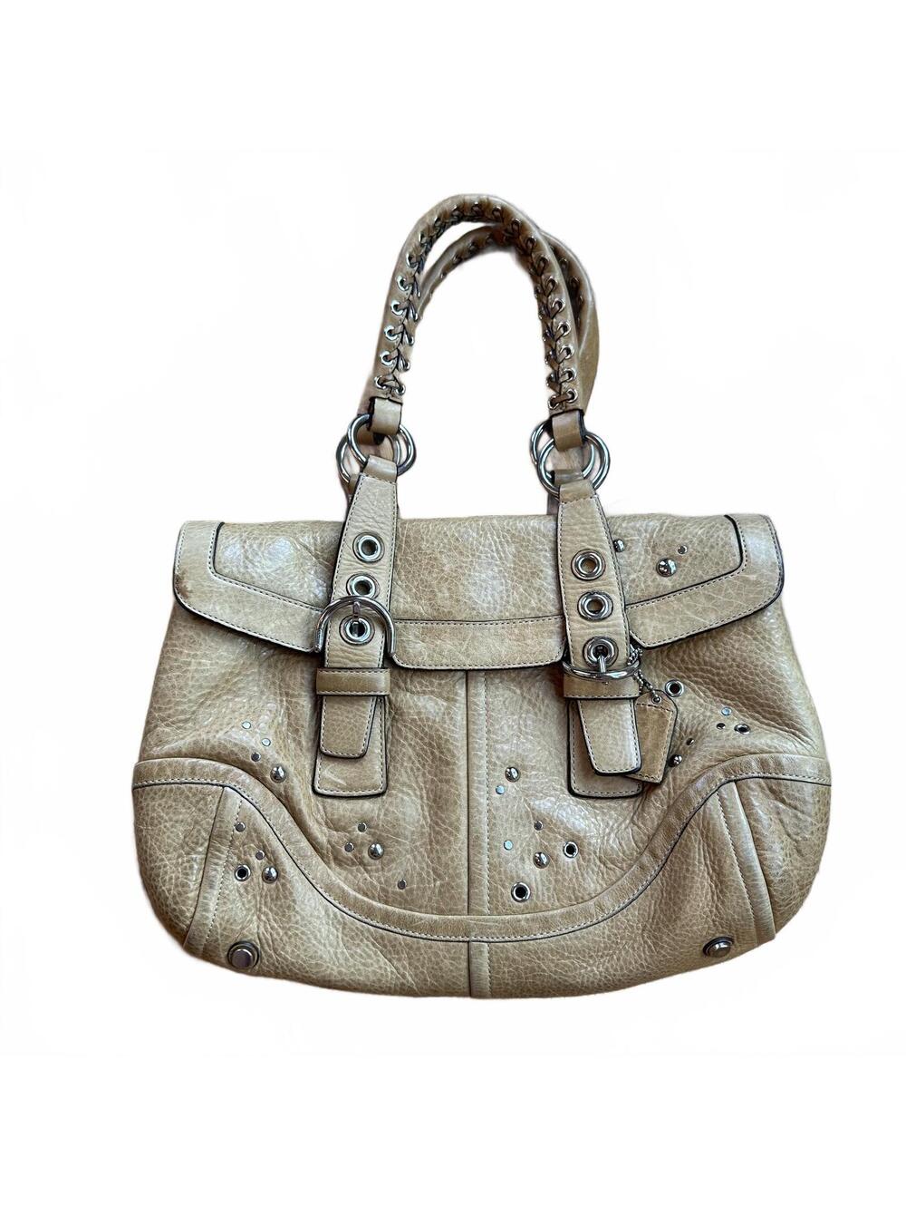 Vintage Coach Tan Leather Studded Shoulder Bag Grommet Chain